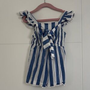 Rare editions Blue and White Striped Ruffle Romper